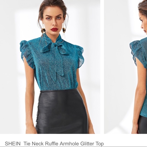 💎 TIE NECK RUFFLE ARMHOLES GLITTER TOP S,M 💎 - Picture 6 of 8